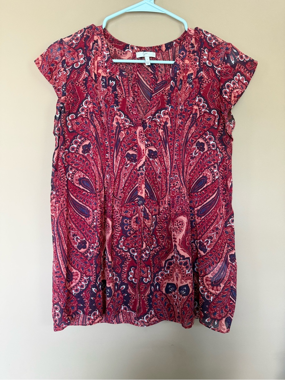 Joie Red and Purple Paisley Cap-Sleeve Blouse